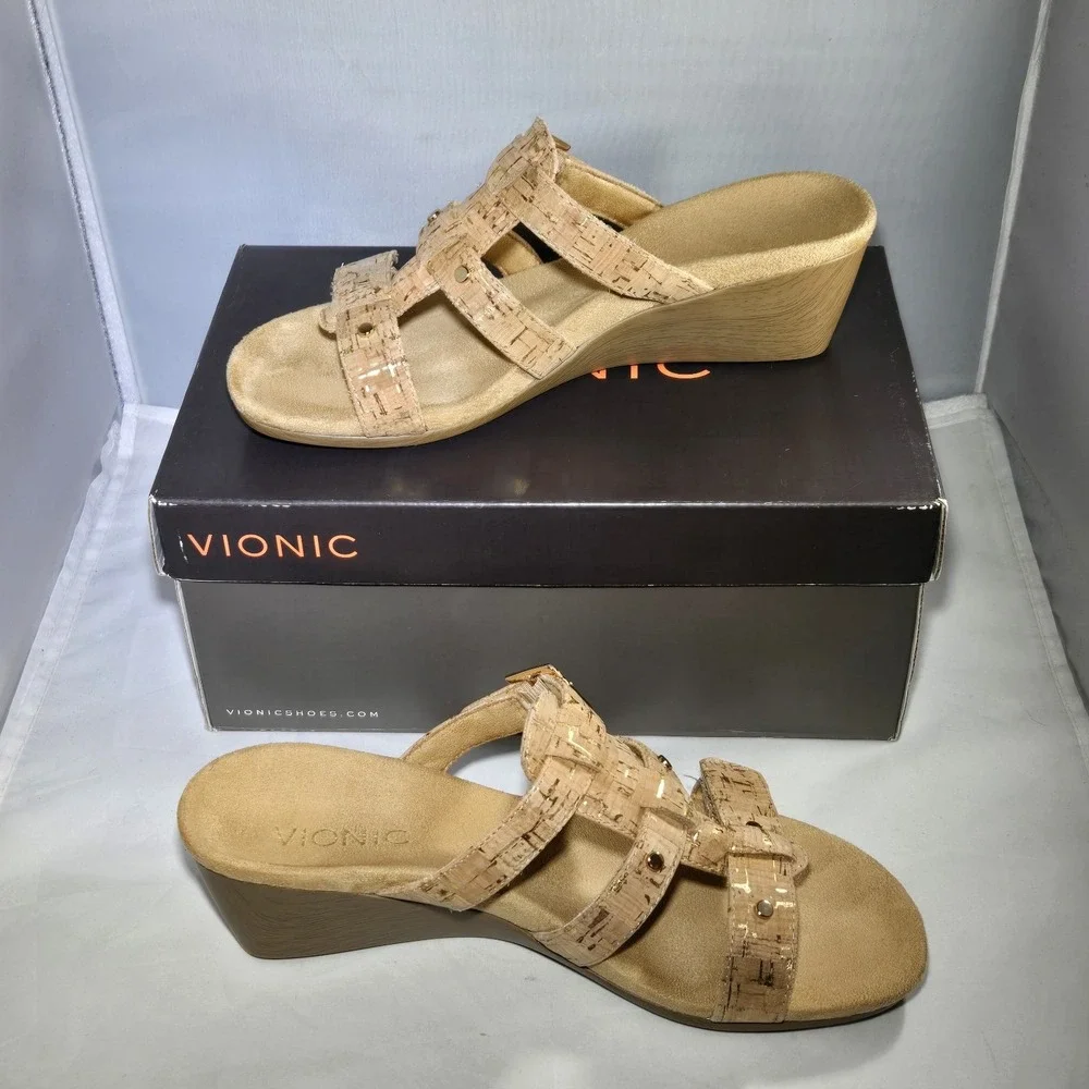 Vionic Womens Park Radia Tan Cork Gold Wedge Sandals Size 7 Comfort Shoes Straps
